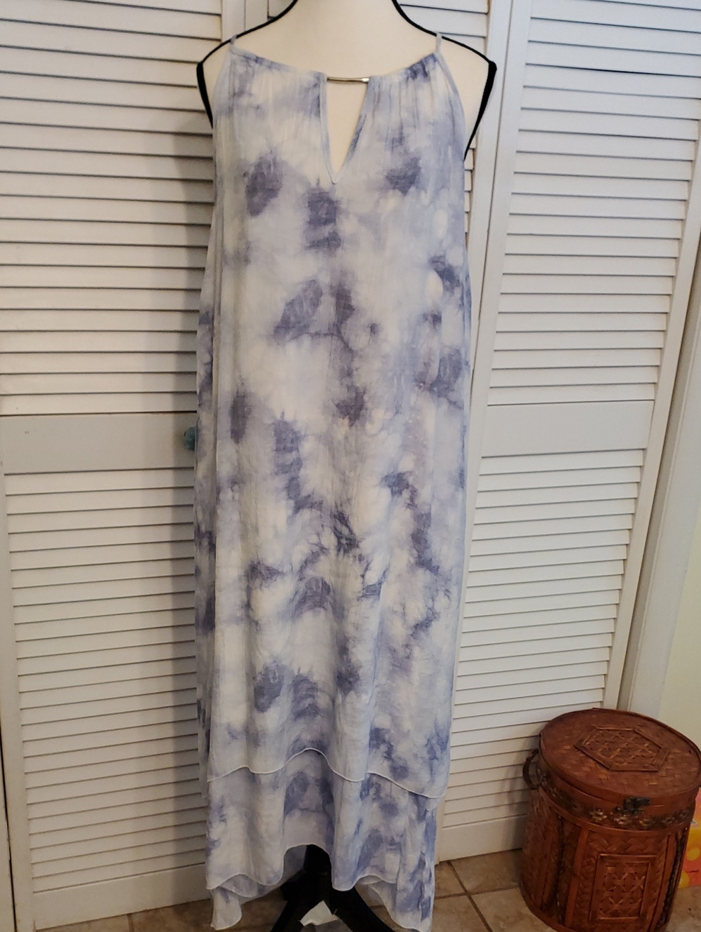 Mlle Gabrielle Blue Skies Maxi Halter Tie Dye High Low Dress, Size Large